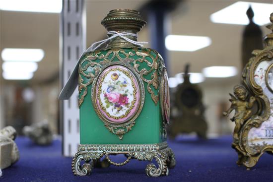 A 19th century French gilt metal mounted glass scent bottle, inset with painted and enamelled plaques, height 13cm